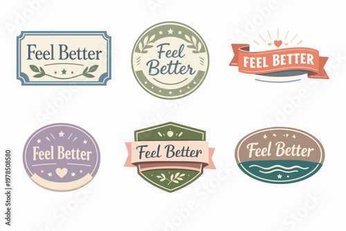 Collection of vintage feel better labels and badges, offering encouragement and support for health and wellness