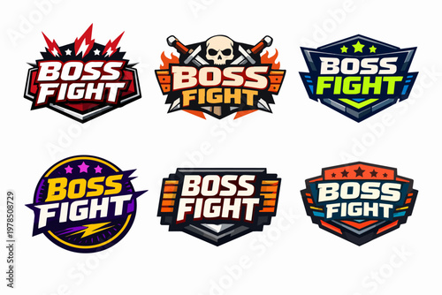 Boss fight gaming logos set. Esports emblems creating powerful identity, arcade titles, battle text, skull icon, and lightning design