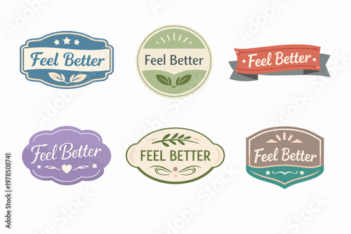 Feel better labels collection in a vintage style, symbolizing health, wellness, recovery, and encouragement