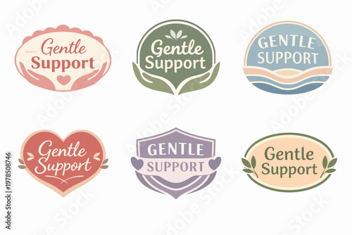 Collection of gentle support badges and emblems illustrating care, empathy, community help, and assistance concepts