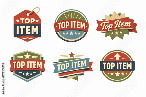 Top item vintage badges and labels collection displaying best product promotion, quality, and recommendation concepts
