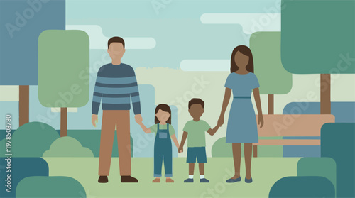 Happy diverse family with two children holding hands in a park illustration