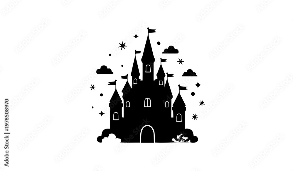 Naklejka premium Fairytale Magic Castle Silhouette with Stars and Clouds Fantasy Kingdom Vector