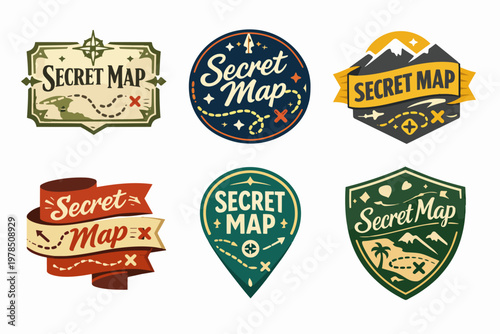 Secret map logos collection representing treasure hunt, adventure, exploration, and geographic discovery concepts
