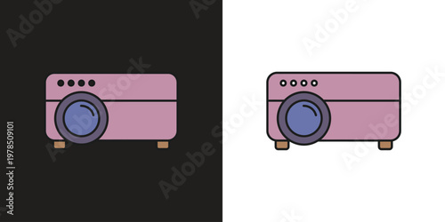 A pink cartoon washing machine on a black and white background Vector, illustration