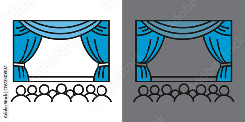 A blue curtain with people standing in front of it Vector, illustration