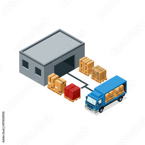 Isometric Warehouse Logistics - Truck Loading and Unloading.