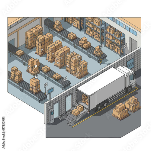 Isometric View of Warehouse Loading Dock with Conveyor Belts.