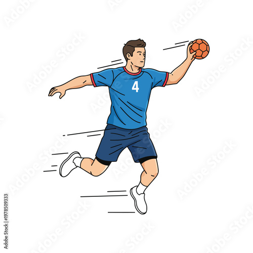 Handball player jump shot throw, mid-air action, isolated vector on white