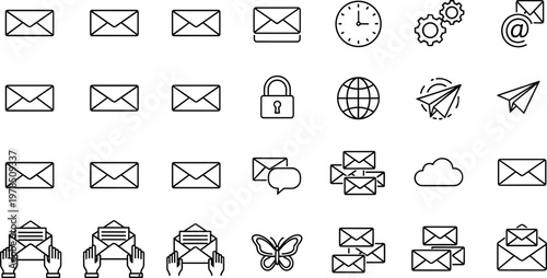 Email, Communication, and Digital Icons Set with Clock, Cloud, and Butterfly