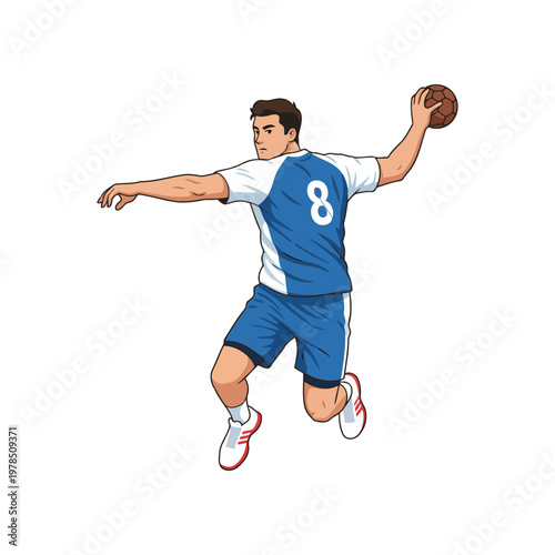 Handball player jump shot throw, mid-air action, isolated vector on white