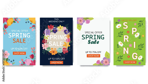 Spring floral poster templates, colorful flower cover set with tulips and daisies, botanical watercolor and papercut style vector illustrations