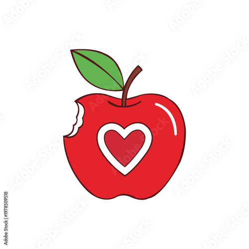 Red Apple with Heart Shaped Cutout and Green Leaf on Top
