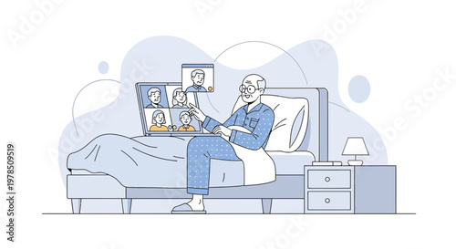 Connecting generations: Senior man video chatting with family from comfort bed home