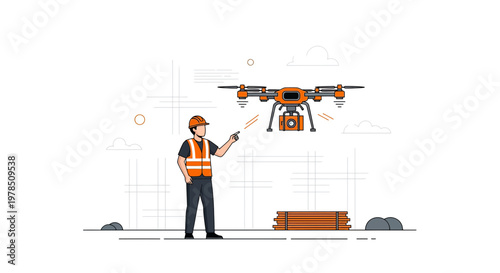 Construction drone pilot overseeing site operations with high-tech aerial surveillance and