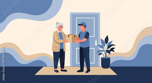 Contactless delivery: A courier delivers a package to an elderly woman at her doorstep while