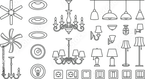Collection of modern lighting fixtures and electrical switches in outline style