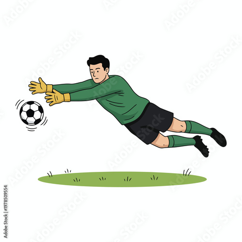 Football goalkeeper diving to save ball, full stretch motion, isolated vector on white