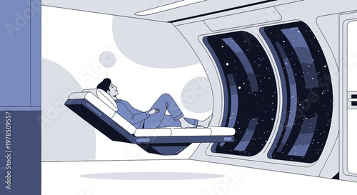 Contemplative astronaut relaxing in a futuristic cabin with a view of distant galaxies