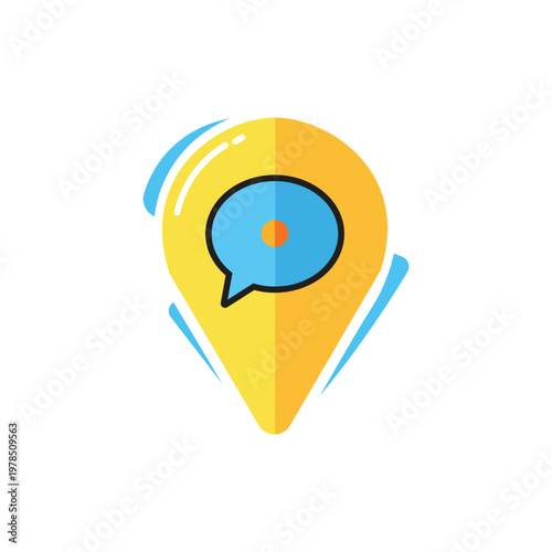 Yellow Location Pin Icon with Blue Chat Bubble and Red Dot Inside
