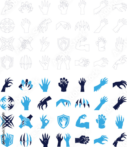 Group of stylized hands and claws icons in dark blue and light blue.