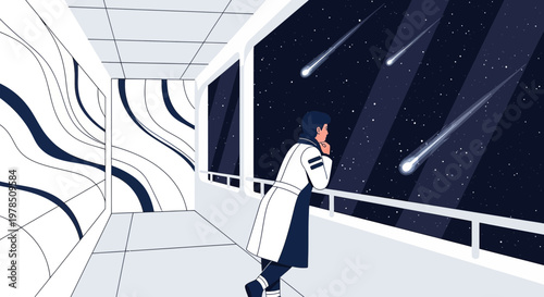 Contemplative observer gazing at celestial events from a minimalist futuristic interior setting