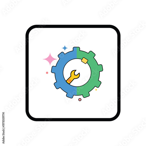 Colorful Gear Icon with Wrench and Sparkles Inside Black Square Frame