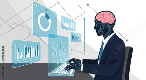Conceptual business illustration depicting data analysis with a brain integrated with circuit