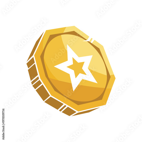 Golden Coin with White Star in the Center and Detailed Edges