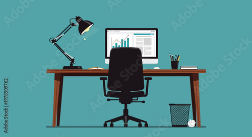 A modern workspace featuring a black office chair computer lamp and scattered desk items