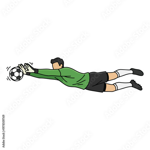 Football goalkeeper diving to save ball, full stretch motion, isolated vector on white