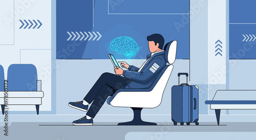 Conceptual business traveler with a digital brain interface using a tablet in transit lounge