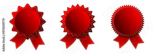 Red award badge set. Collection of scalloped edge seal labels with ribbon. Great for school projects, certificates, achievements, promotions, and celebratory designs