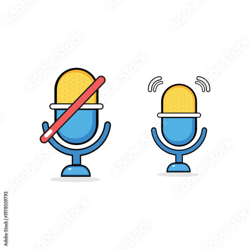 Two Blue Microphones One with Mute Sign and One with Sound Waves
