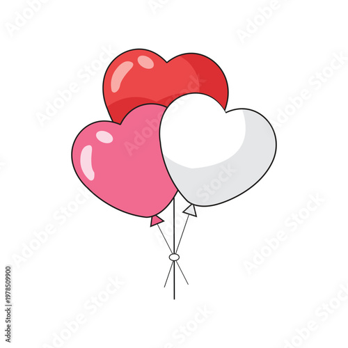 Three Heart Shaped Balloons in Red Pink and White Tied Together