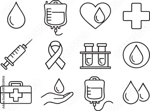Minimalist Outline Icon Set for Blood Donation Awareness with Medical Symbols and Clean Line Design