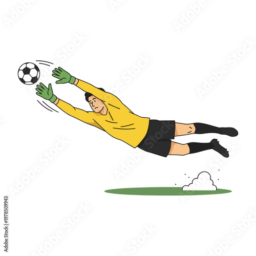 Football goalkeeper diving to save ball, full stretch motion, isolated vector on white (3).eps