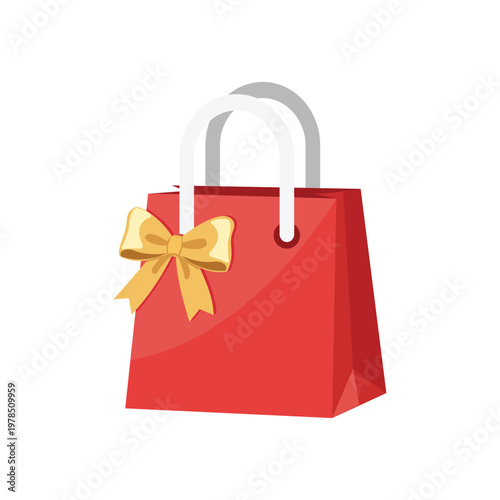 Bright Red Gift Bag with Golden Ribbon and White Handles on White Background