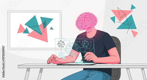 Conceptual digital artist with brain head design using technology and geometry visualization