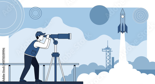 Conceptual exploration depicting a man observing rocket launch with a telescope reaching for the