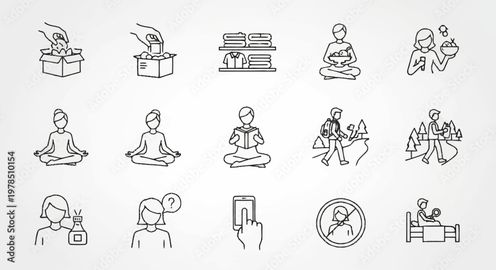 Fototapeta premium Icons depicting self-care practices and mental wellness strategies.