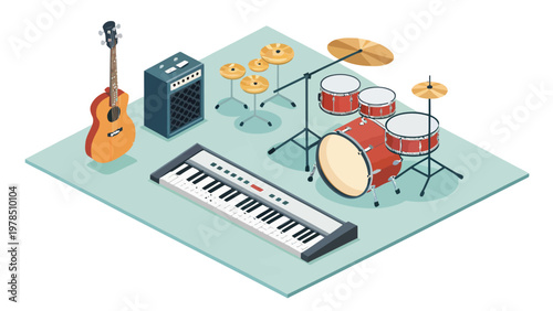 Isometric musical instruments set with 3d like illustration of guitar amplifier keyboard and drum kit on green background