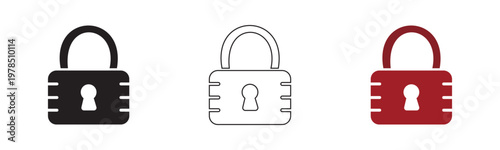 Three Padlock Icons in Black White and Red Color Set