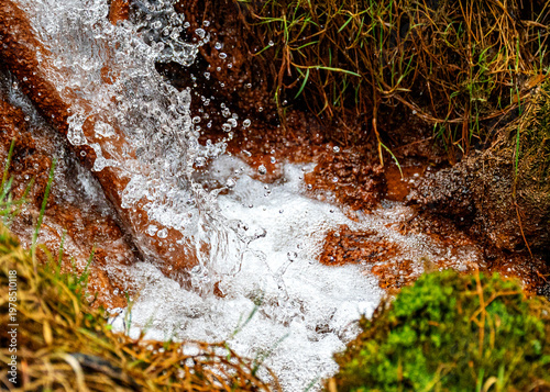Foto photo of a noisy spring with a large amount of water, which precipitates iron spring lime