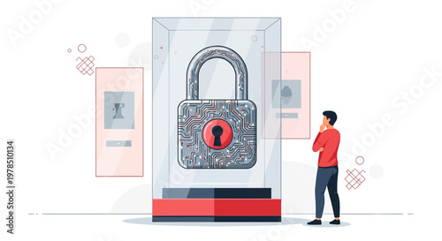 Conceptual illustration of a man contemplating cybersecurity in a digital exhibition space