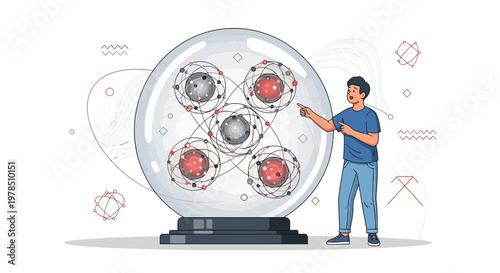 Conceptual illustration of a man explaining atomic structures within a crystal ball