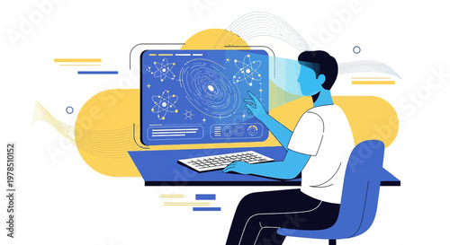 Conceptual illustration of a man interacting with a computer interface displaying scientific data