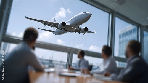 Colleagues discuss corporate strategy in a modern office setting with an airplane taking flight outside the expansive window
