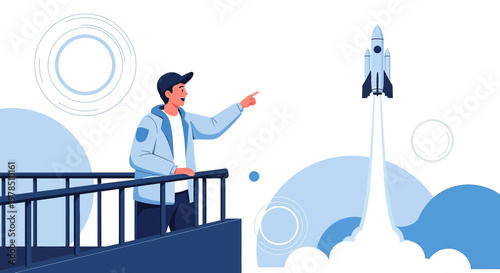 Conceptual illustration of a man observing the successful launch of a space rocket project