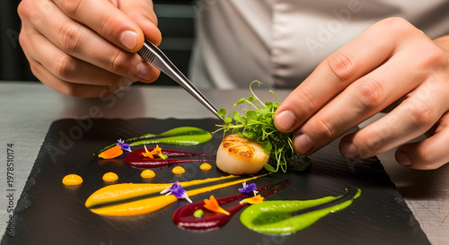 Chef meticulously garnishing a gourmet scallop dish with microgreens and colorful sauces on a black slate plate in a professional kitchen.